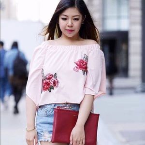 Embroidered Appliqué Rose Off the Shoulder Top